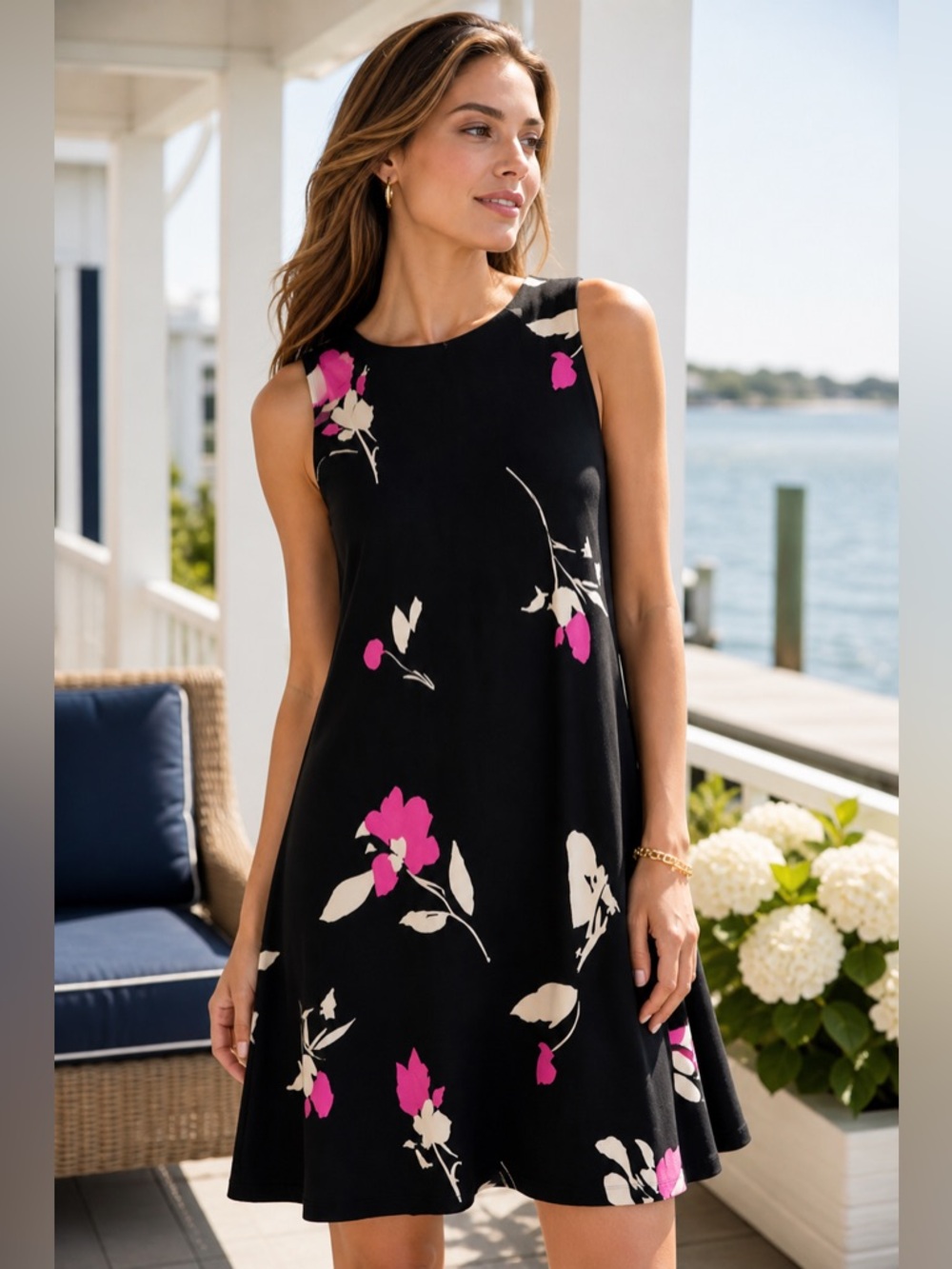 Ralph Lauren Women’s Black Pink Floral A-Line Shift Dress Sz 6P Preppy Classic